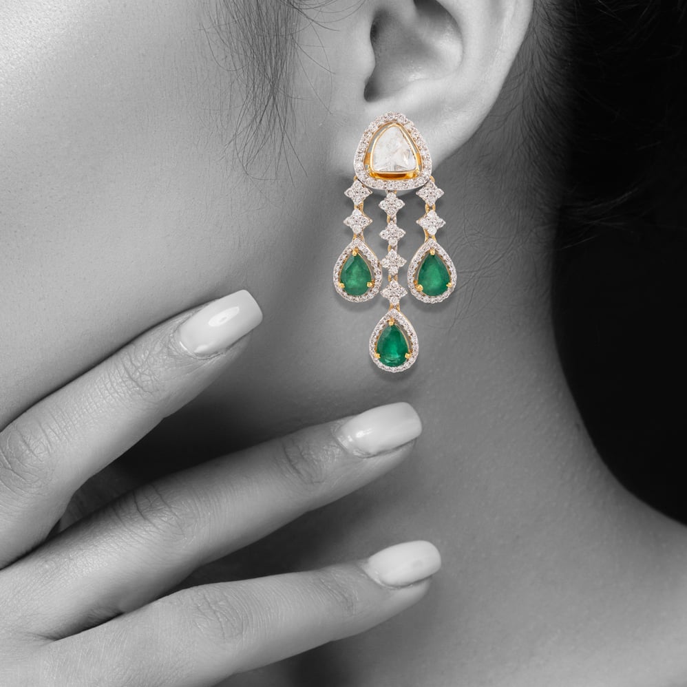 Polki and Zambian Emerald Drop Earrings with Diamond Accents